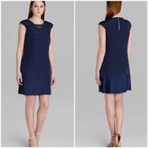 TedBaker Kimmiye Navy Blue Pleated Shift Dress embellished neckline Womens Sz 1
